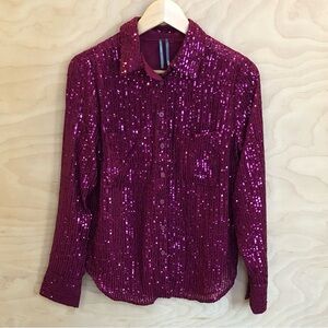 Antropology Sequin Button Up Long Sleeve Top Burgundy Pink Sz S.